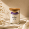 Elara Hand Poured Soy Candle with lavender flower topper – lifestyle shot
