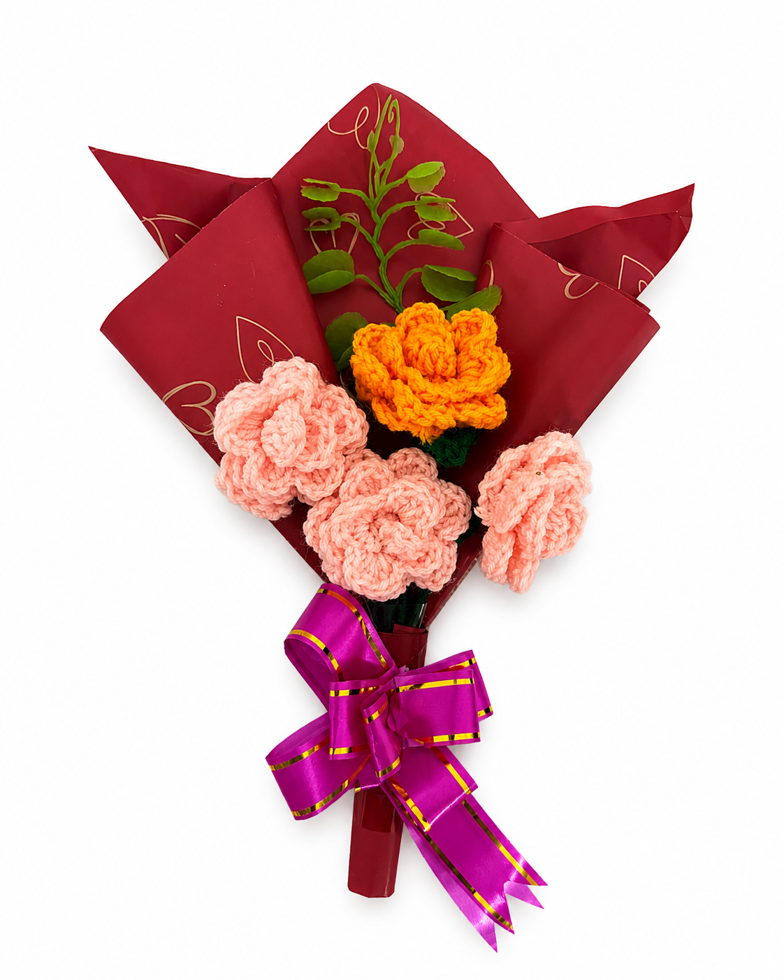 Blushing Blooms Handcrafted Crochet Bouquet – blush pink and orange crochet roses in burgundy gift wrap with purple bow