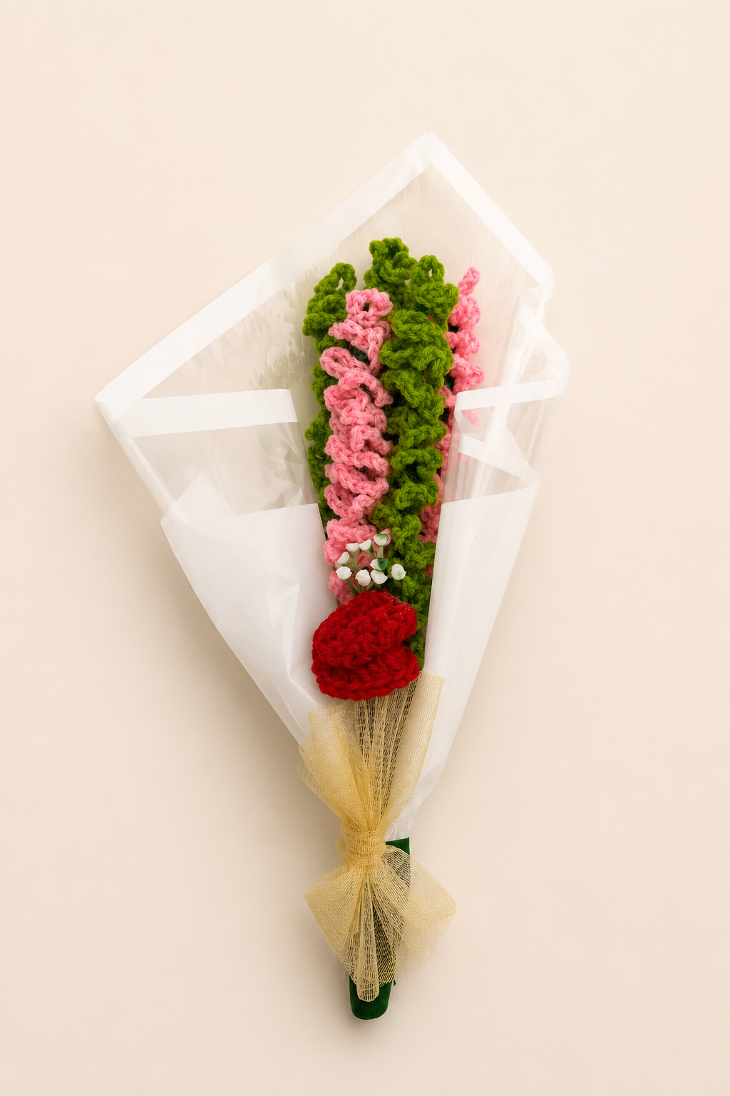 Crimson Grace Handcrafted Crochet Bouquet – crimson carnation and pink blooms in white organza with golden tulle bow