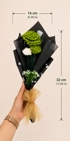 Emerald Elegance Handcrafted Crochet Bouquet dimensions – Height 32cm x Width 16cm