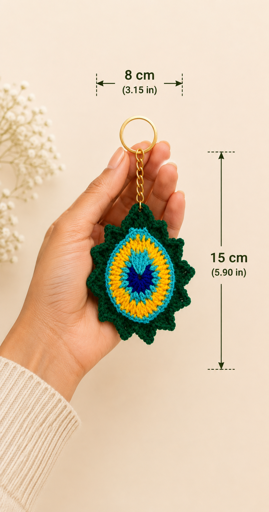 Royal Plume Handcrafted Crochet Peacock Feather Keychain – dimensions 15cm height x 8cm width