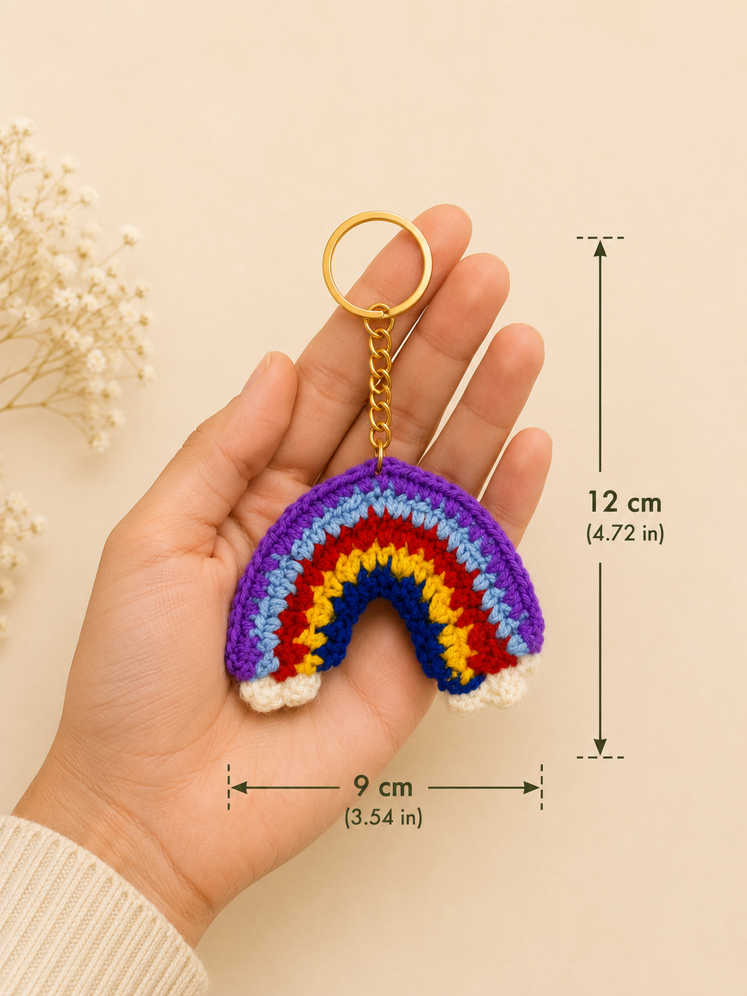 Rainbow Delight Handcrafted Crochet Keychain – dimensions 12cm height x 9cm width