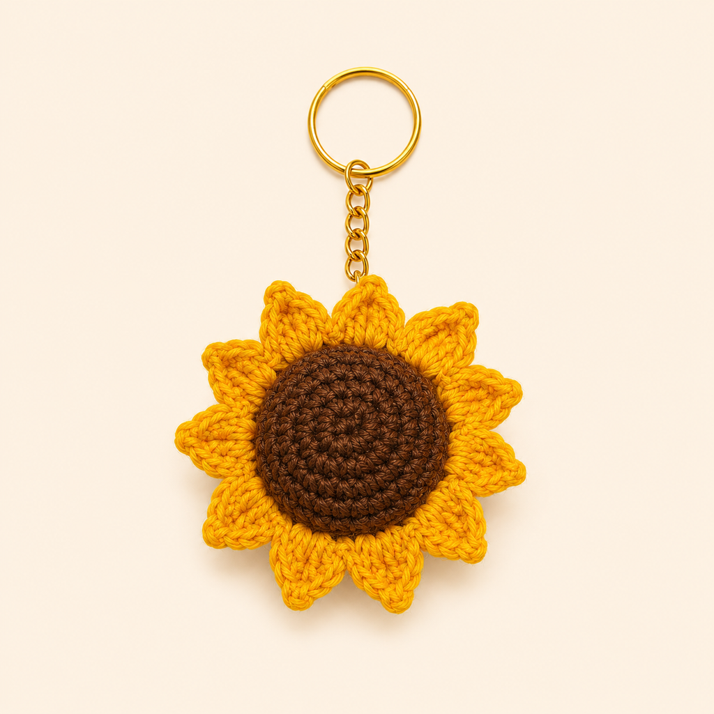 Sunshine Bloom Handcrafted Crochet Sunflower Keychain – golden yellow sunflower with dark brown centre and gold-tone chain