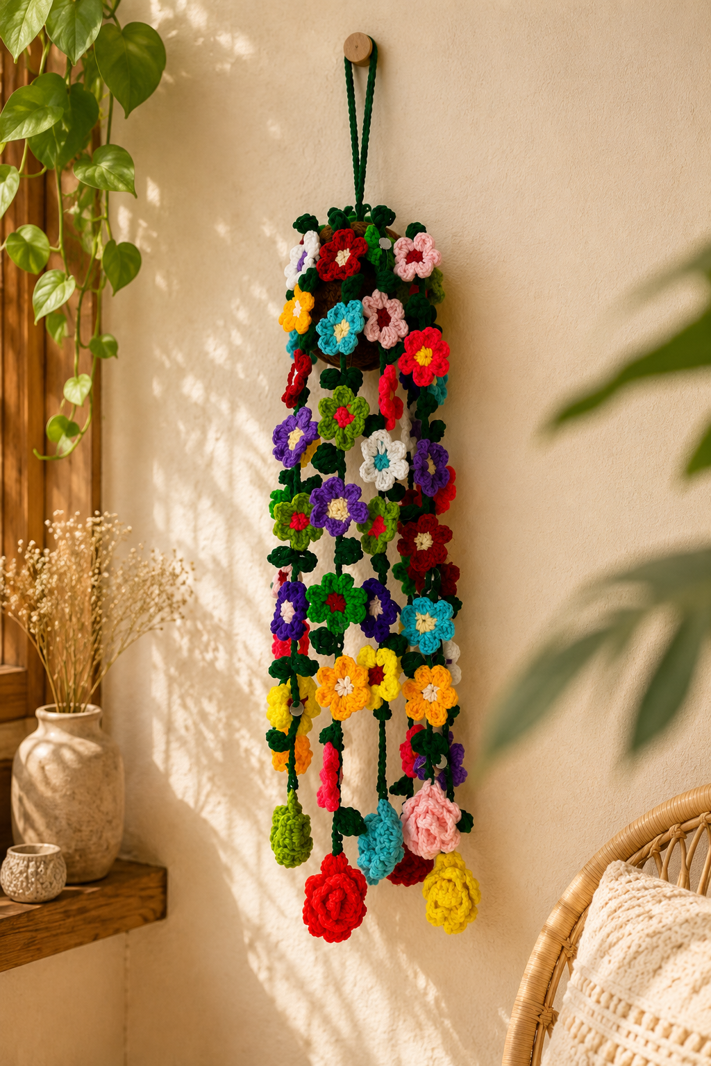 Blossom Cascade – Handcrafted Crochet Hanging Flower Pot