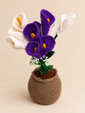 Majestic Bloom Handcrafted Crochet Calla Lily Keepsake with purple and white blooms in a jute-style crochet pot