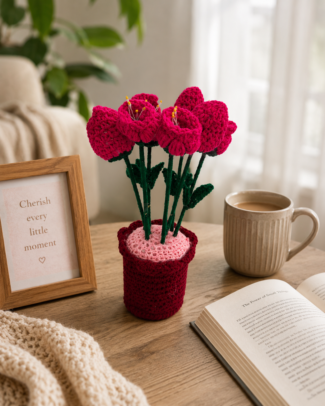 Blush Romance – Handcrafted Crochet Flower Pot Keepsake