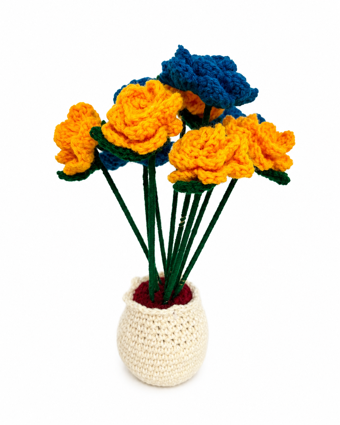 Golden Harmony Handcrafted Crochet Floral Keepsake with golden yellow roses and blue accent flower in a cream crochet vase