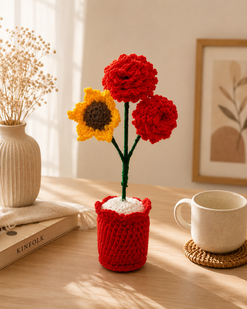 Sunlit Romance – Handcrafted Crochet Rose & Sunflower Keepsake