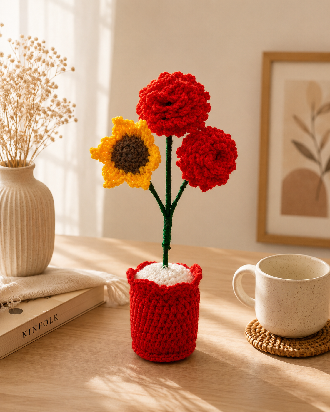 Sunlit Romance – Handcrafted Crochet Rose & Sunflower Keepsake