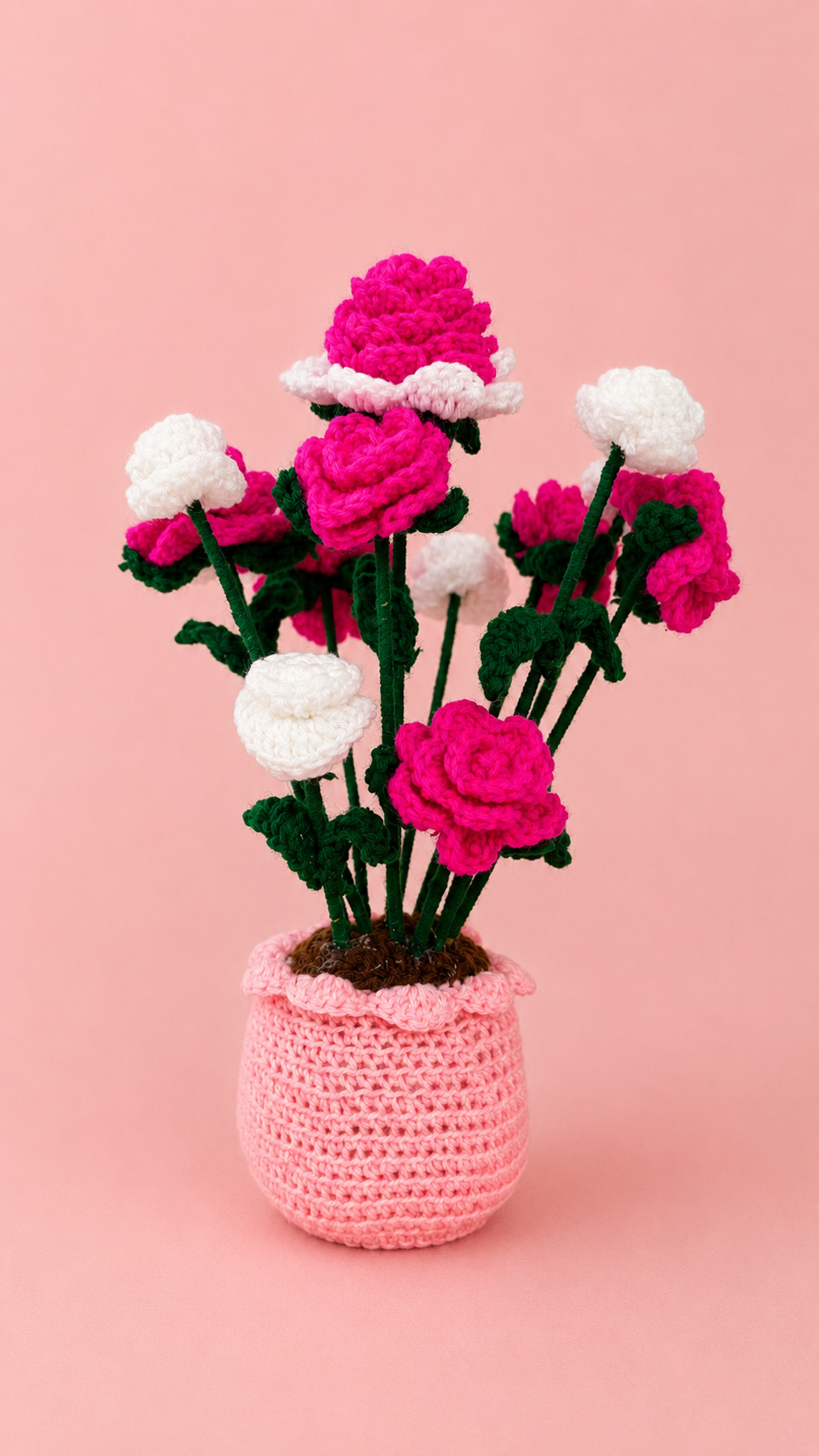 Cherished Blossom Handcrafted Crochet Rose Bouquet Keepsake with hot pink and white roses in a blush pink crochet pot