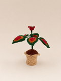 Crimson Harmony handcrafted crochet foliage keepsake in a crocheted pot