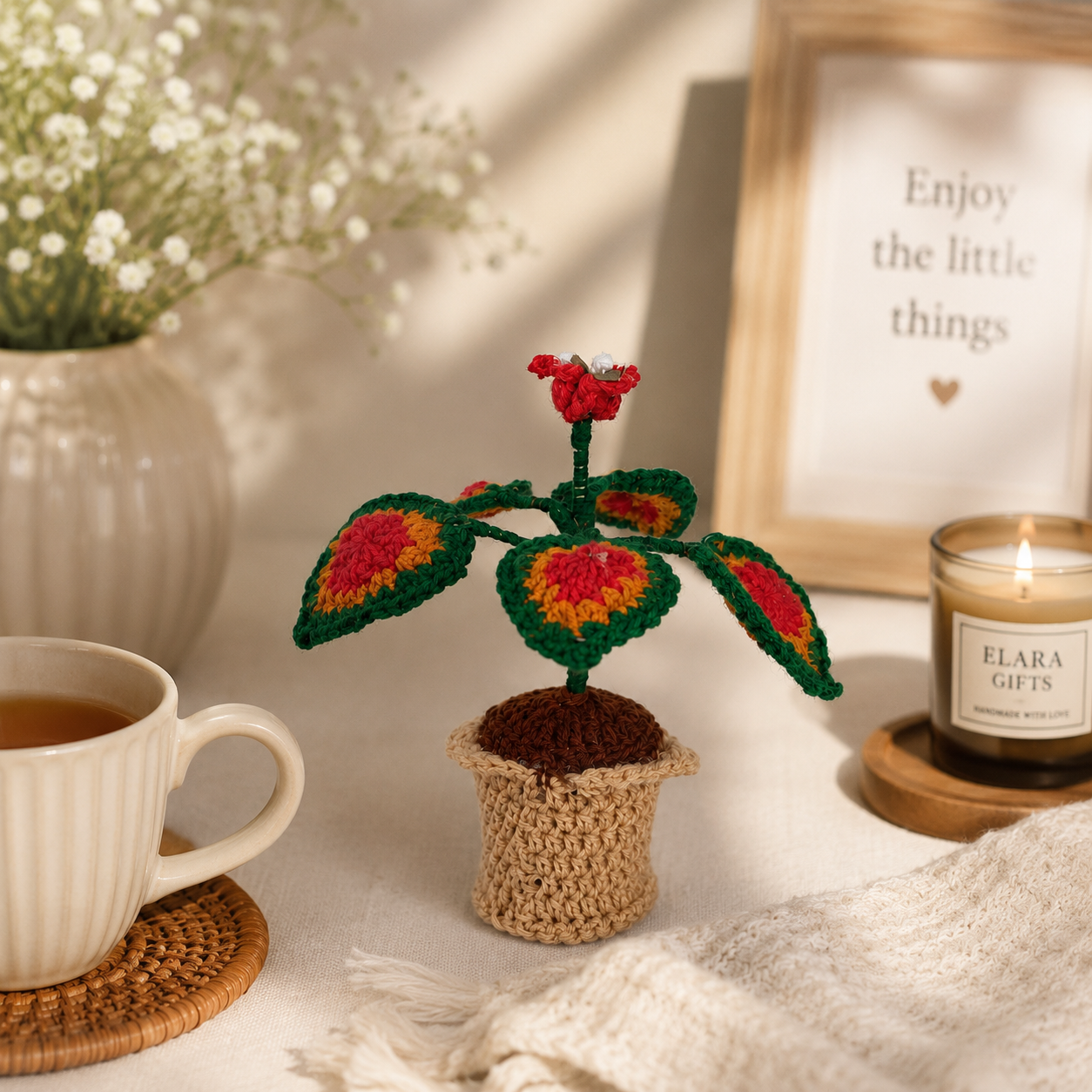 Crimson Harmony – Handcrafted Crochet Foliage Keepsake