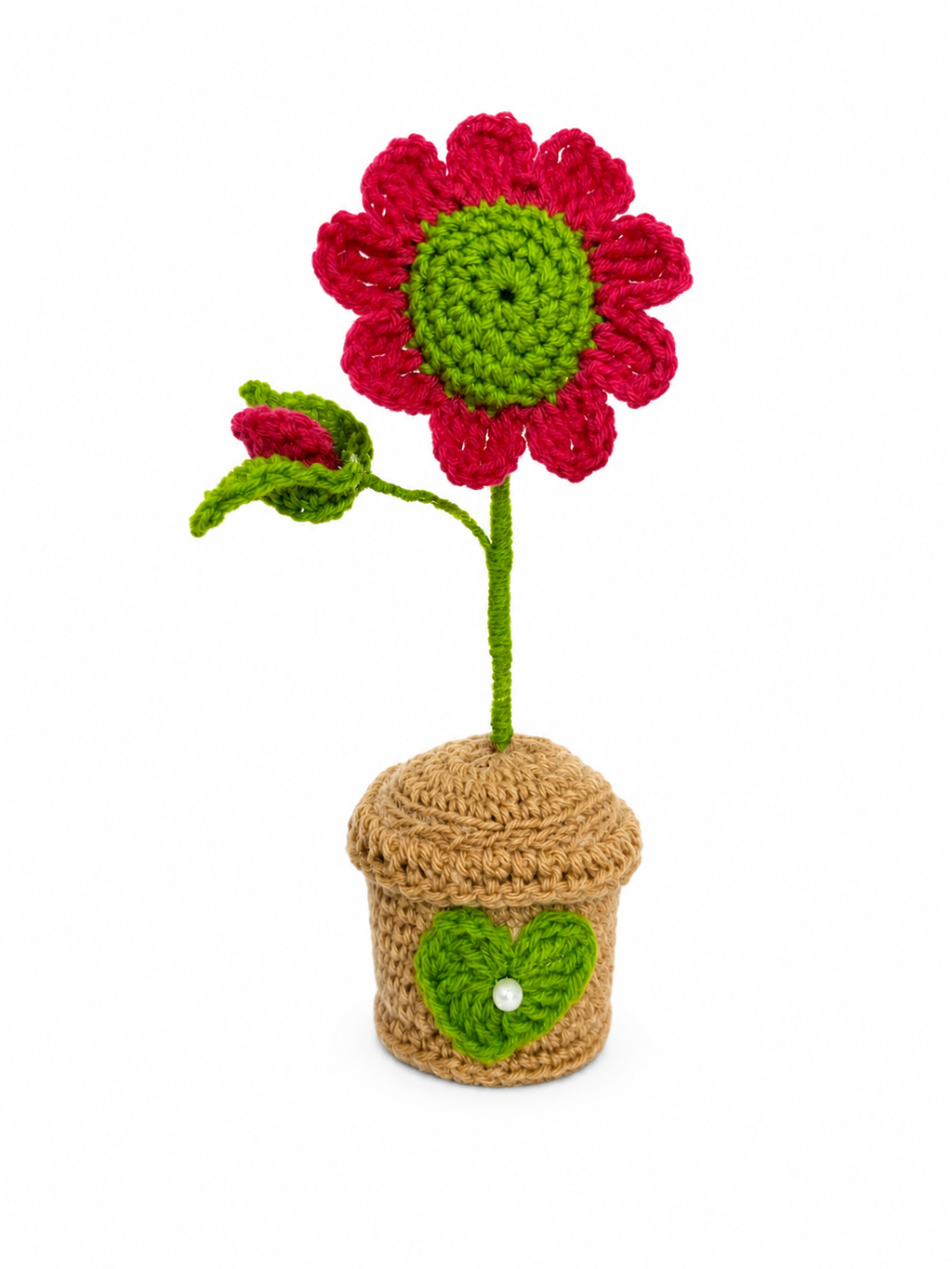Heart in Bloom handcrafted crochet floral keepsake with crimson daisy and heart pot