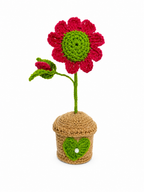 Heart in Bloom handcrafted crochet floral keepsake with crimson daisy and heart pot