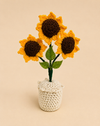 Golden Trio handcrafted crochet sunflower keepsake with three golden blooms in a cream pot
