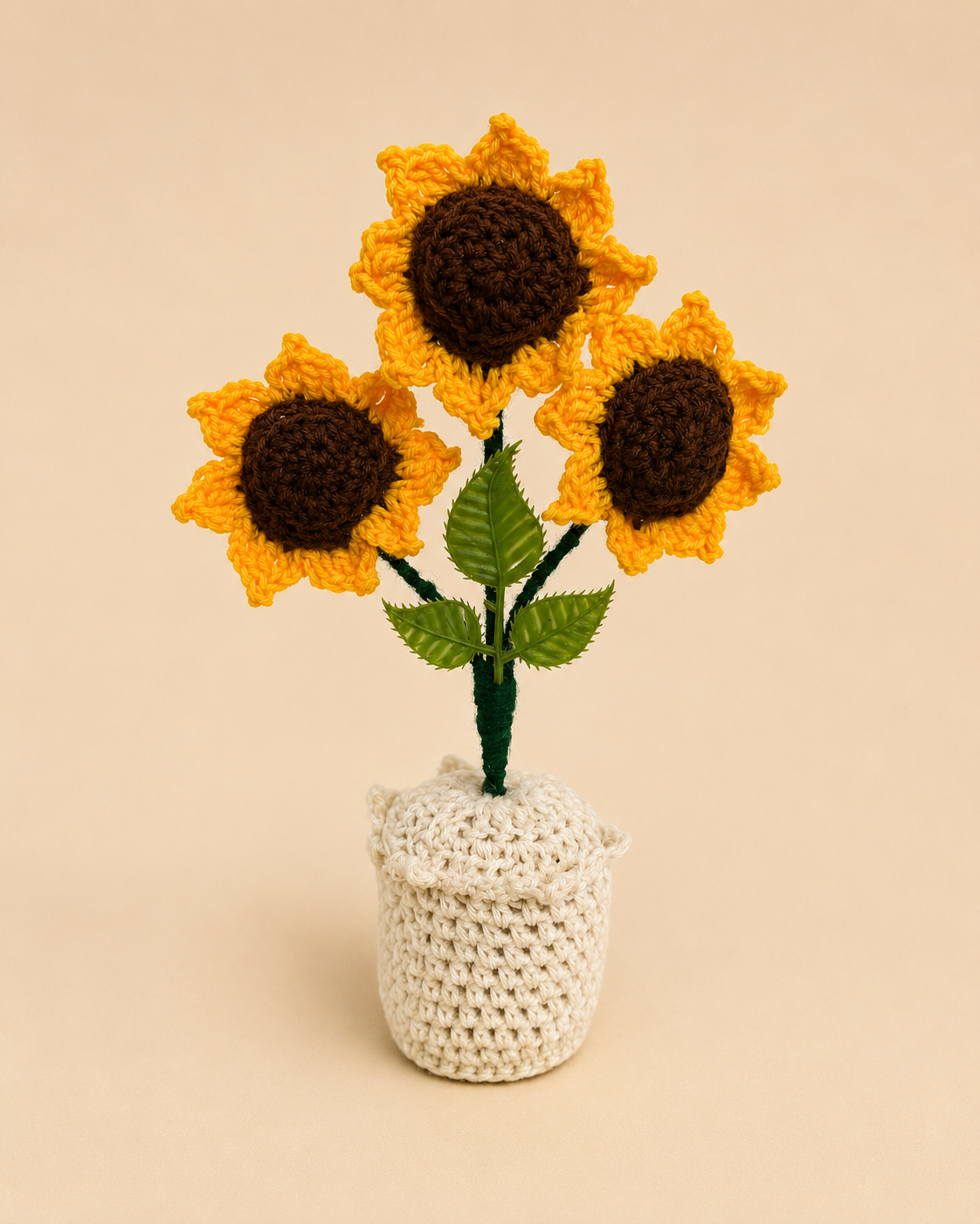 Golden Trio handcrafted crochet sunflower keepsake with three golden blooms in a cream pot