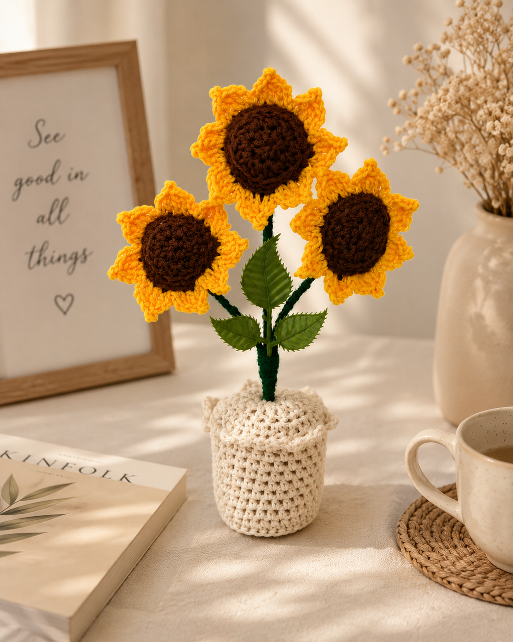 Golden Trio – Handcrafted Crochet Sunflower Keepsake