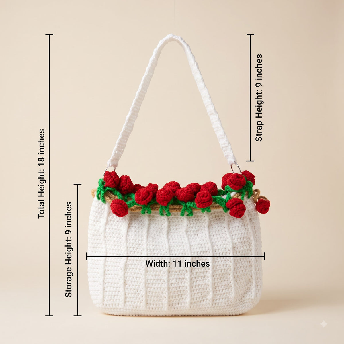 Rosé Bloom crochet rose purse dimensions – 18 inch total height, 11 inch width, 9 inch storage height, 9 inch strap height
