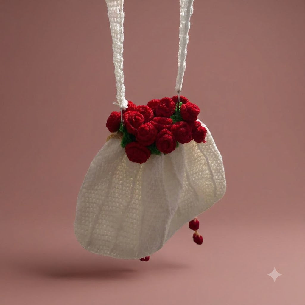 Rosé Bloom handmade ivory crochet rose purse with red rose wreath floating on pink background