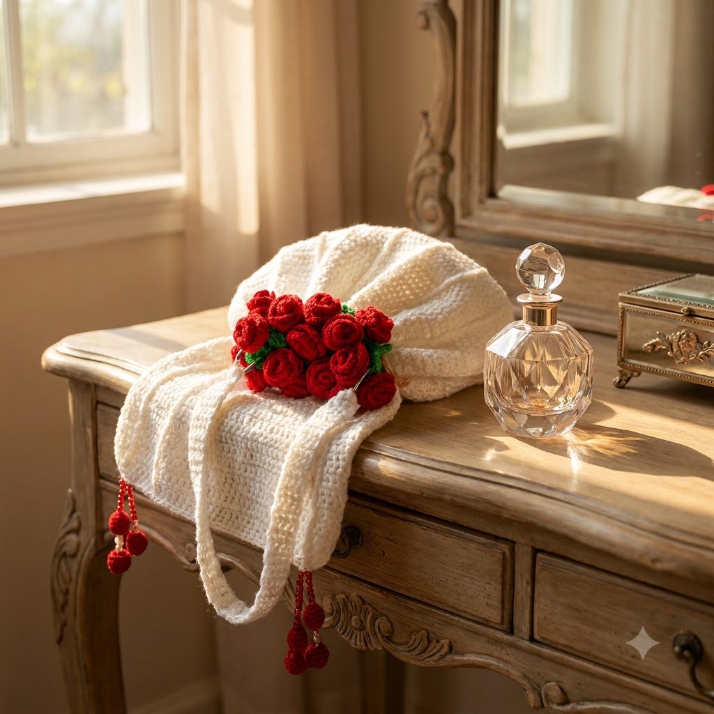 Rosé Bloom crochet rose purse lifestyle shot on vintage dresser with perfume bottle and jewellery box