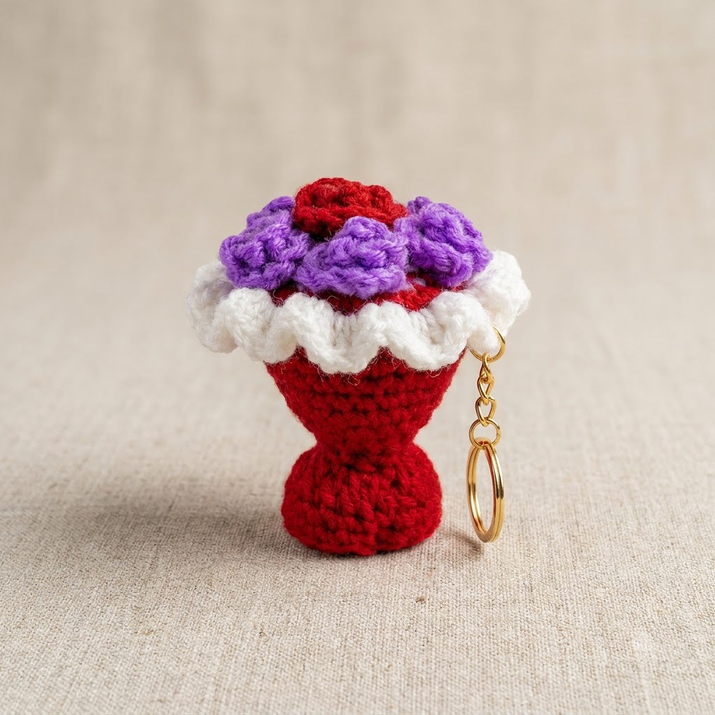 Mini Crochet Bouquet Bag Charm Red - close up view