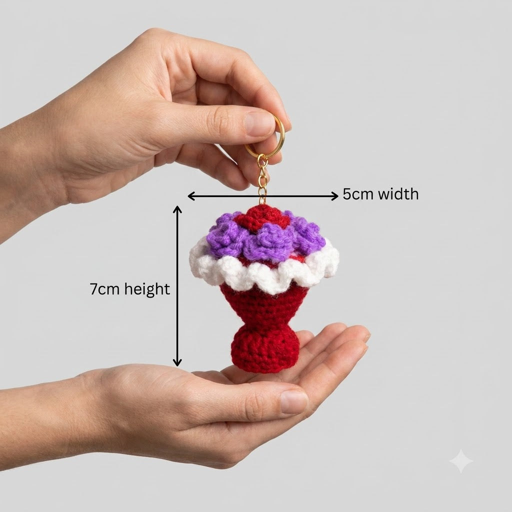 Mini Crochet Bouquet Bag Charm Red - 5cm width and 7cm height dimensions