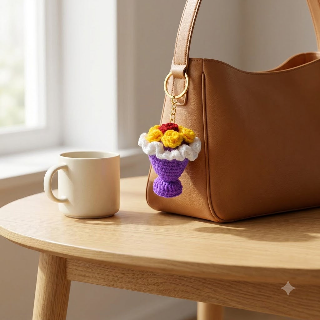 Mini Crochet Bouquet Bag Charm on a tan leather handbag