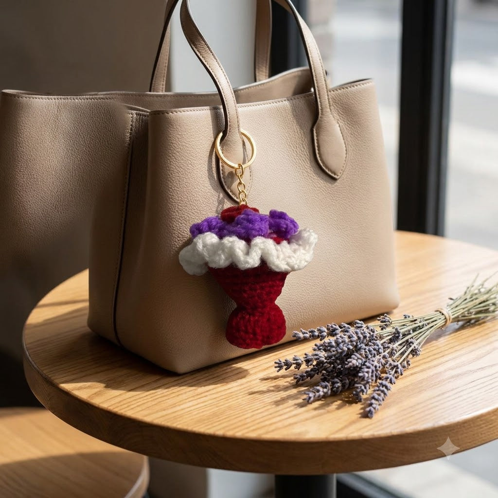 Mini Crochet Bouquet Bag Charm Red on a beige tote bag with lavender