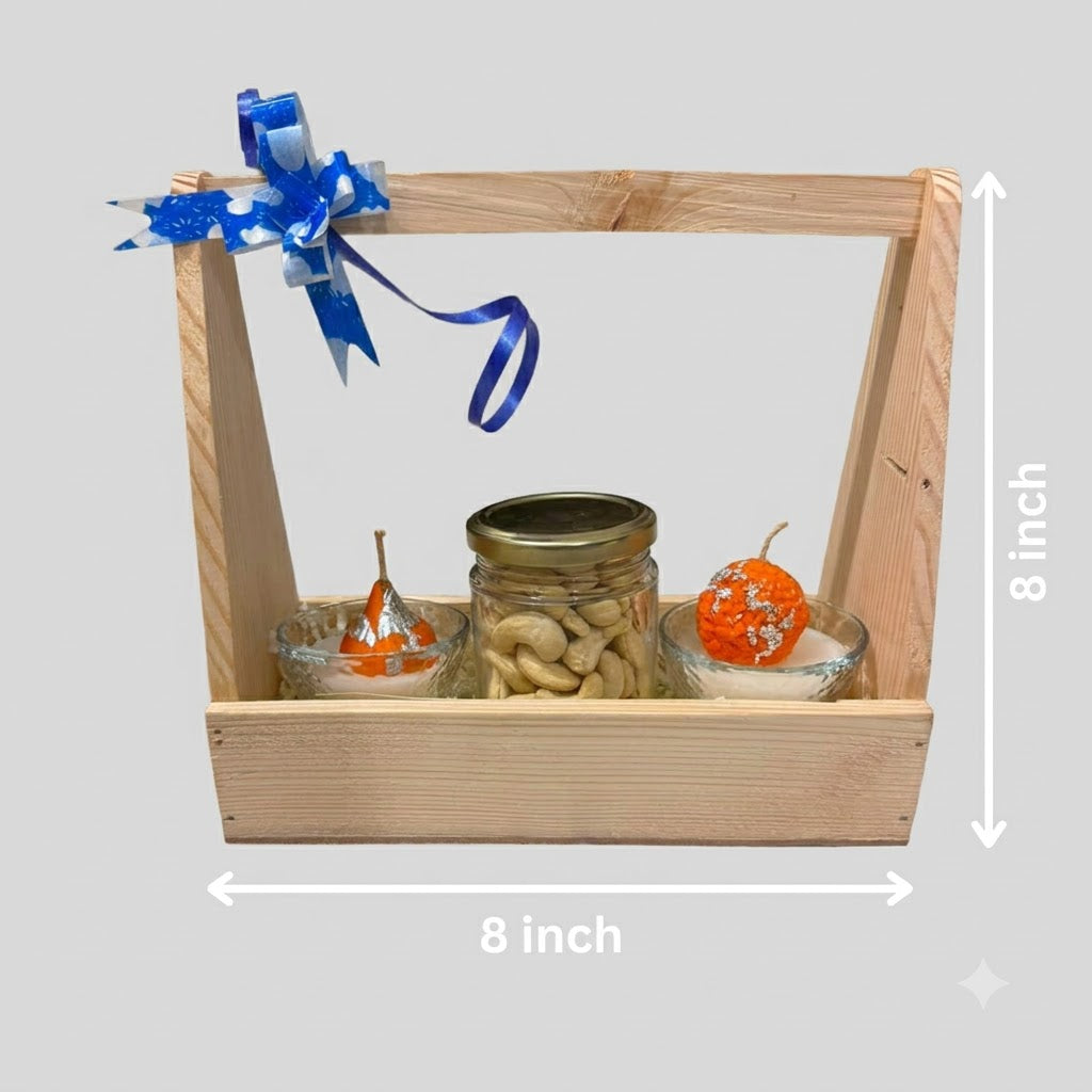 Diwali Gift Hamper with Fragrance wooden holder showing approximate 8 inch by 8 inch dimensions