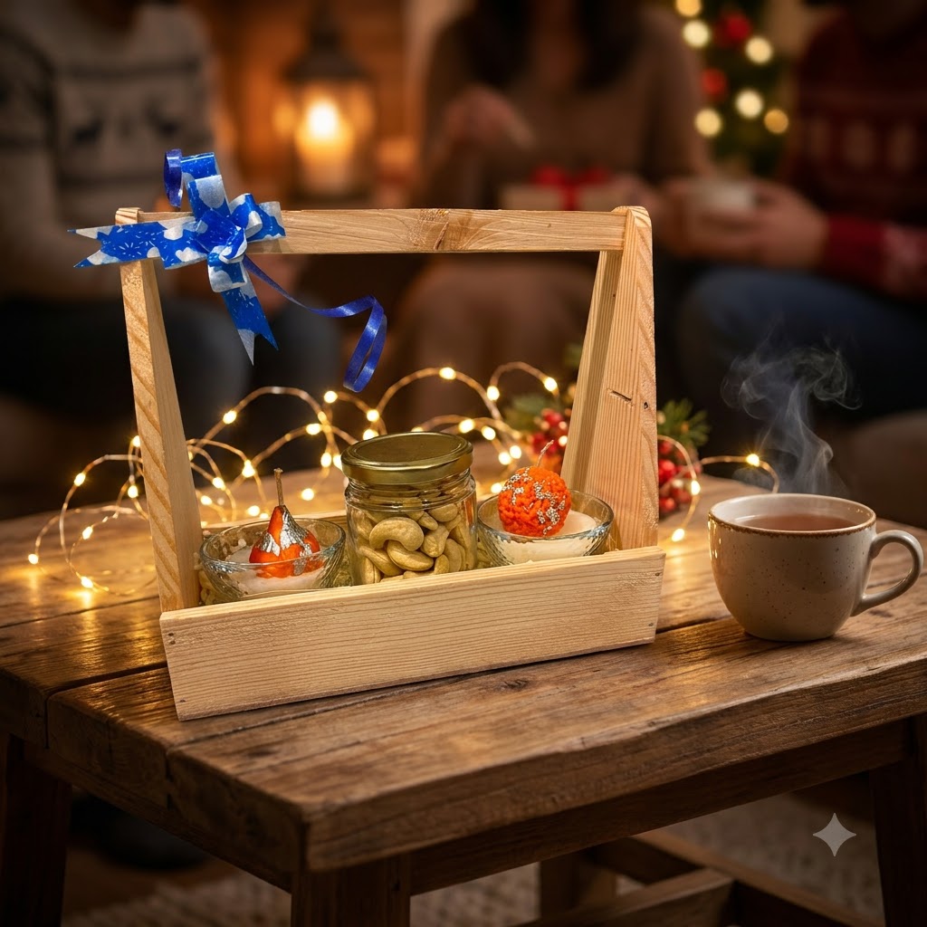 Diwali Gift Hamper with Fragrance arranged in a festive wooden holder with candle bowls, dry-fruit jar, and greeting card