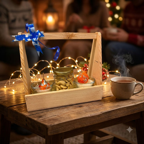 Diwali Gift Hamper with Fragrance arranged in a festive wooden holder with candle bowls, dry-fruit jar, and greeting card