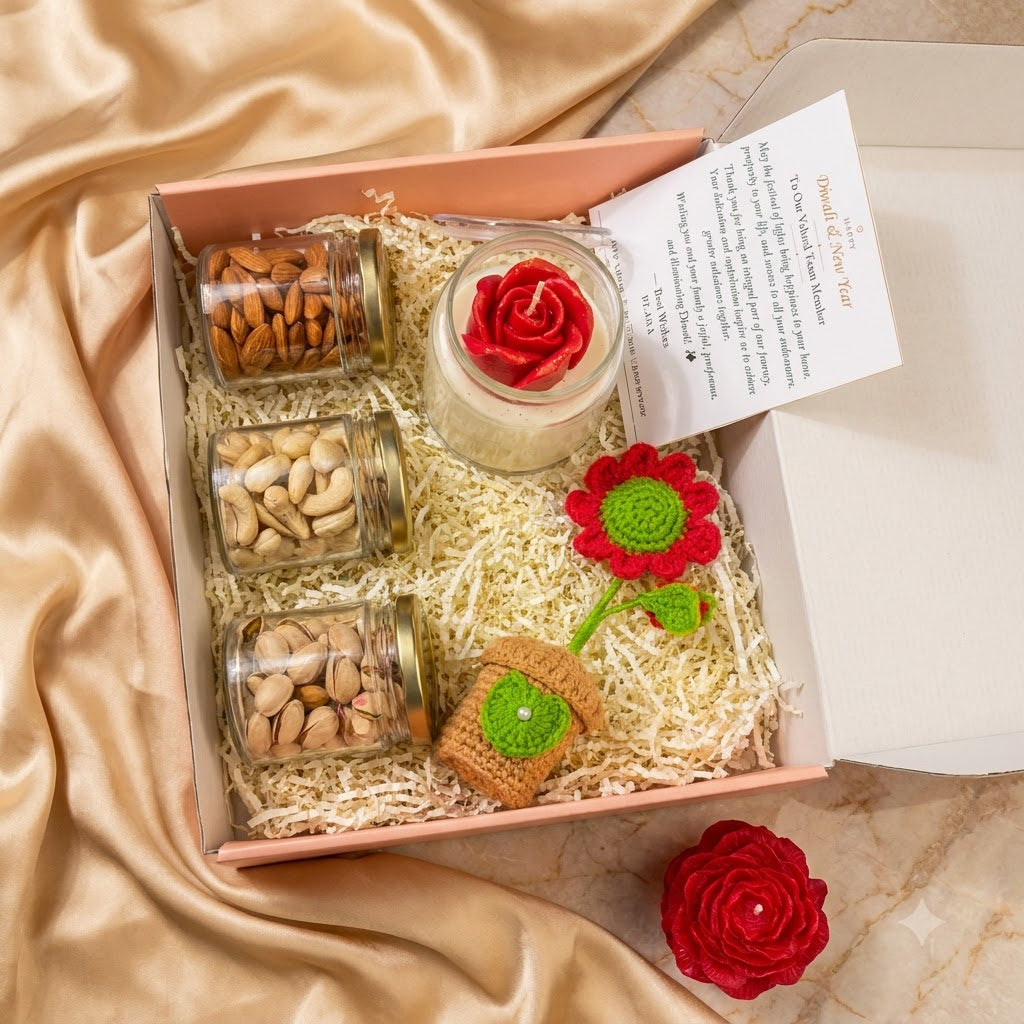 Diwali Gift Hamper - Classic gift box with dry-fruit jars, rose-shaped candle, decorative flower, and greeting card