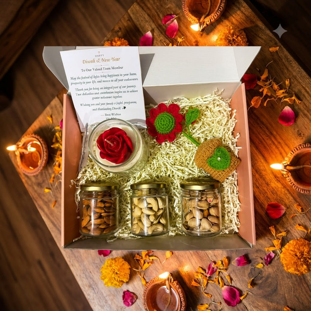 Diwali Gift Hamper - Classic arranged in a festive open gift box with dry fruits, rose-shaped candle, flowers, and greeting card