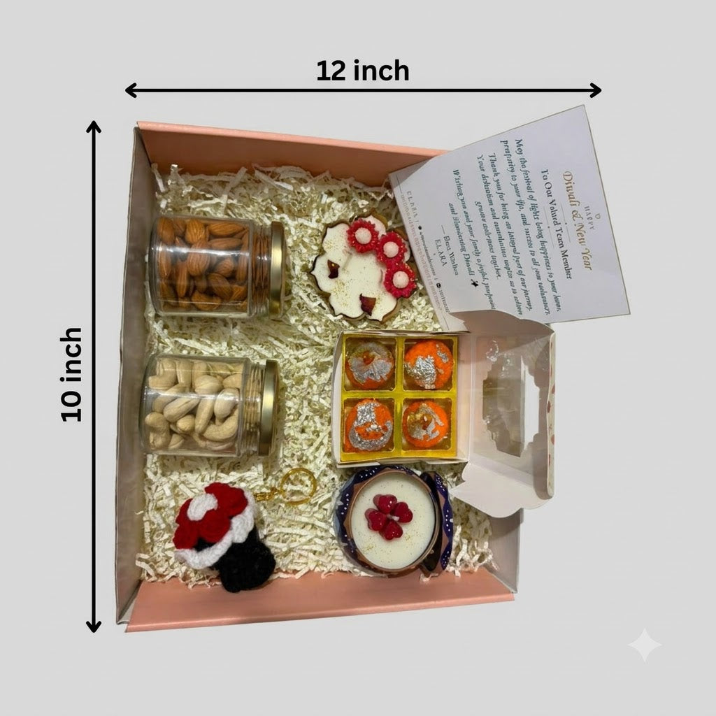 Diwali Gift Hamper Deluxe gift box showing approximate 12 inch by 10 inch dimensions