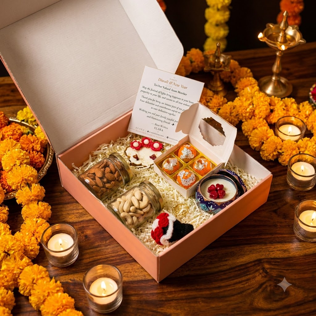 Diwali Gift Hamper Deluxe arranged in a festive box with scented candles, rose candle, dry-fruit jars, bouquet bag charm, and greeting card