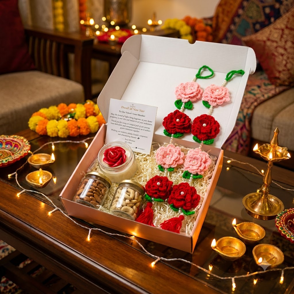 Diwali Gift Hamper Premium with Door Hangings presented in a festive box with rose jar candle, crochet flower door hangings, dry fruits, and greeting card