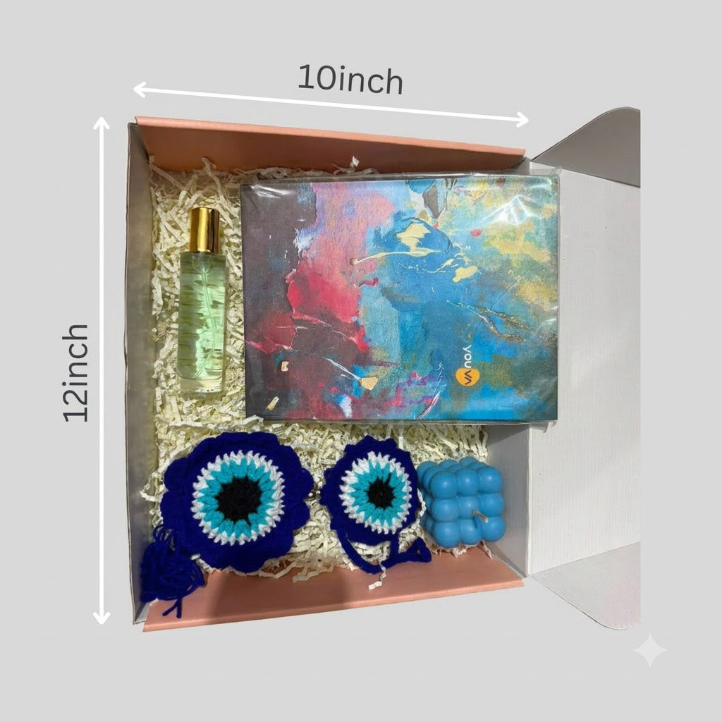 Diwali Gift Hamper with Fragrance gift box showing approximate 10 inch by 12 inch dimensions