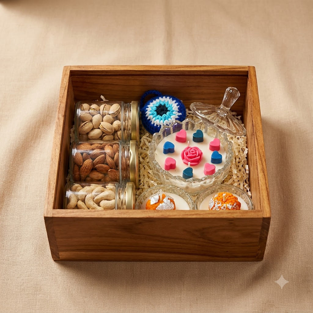 Premium Diwali Gift Hamper with Fragrance showing three dry-fruit jars, scented candle bowls, heart candle jar, and evil eye charm