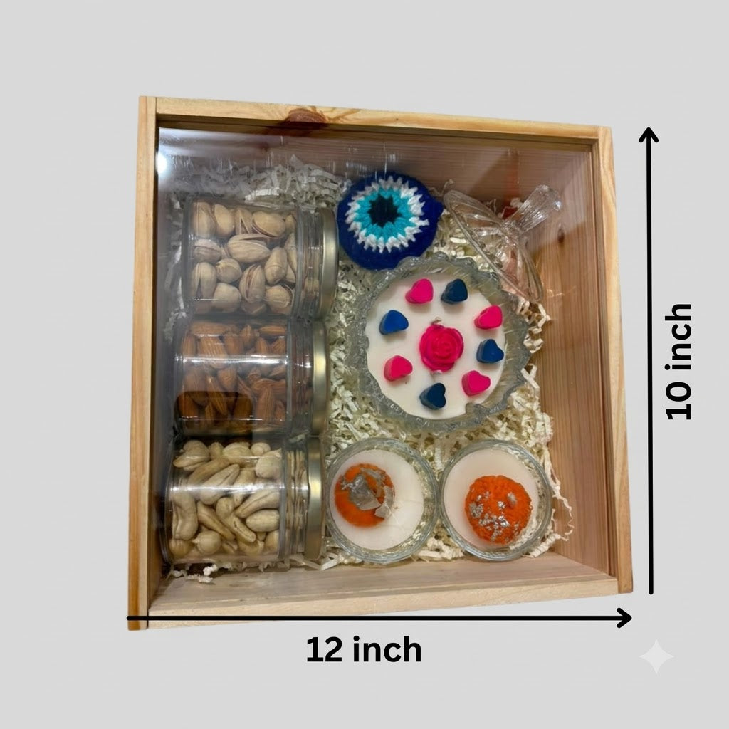 Premium Diwali Gift Hamper with Fragrance wooden box showing approximate 12 inch by 10 inch dimensions