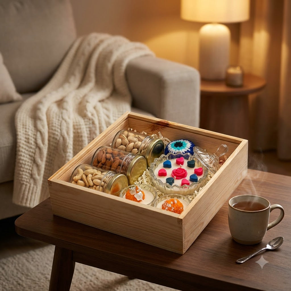 Premium Diwali Gift Hamper with Fragrance presented in a wooden box with candles, dry-fruit jars, evil eye charm, and acrylic tray