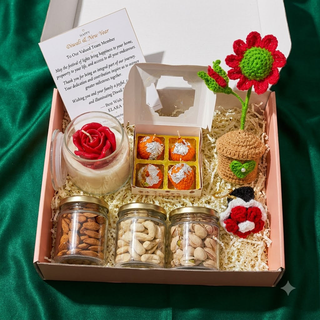 Premium Diwali Gift Hamper with Rose Candle and Keepsake showing three dry-fruit jars, four scented mithai candles, rose candle, and two bag charms