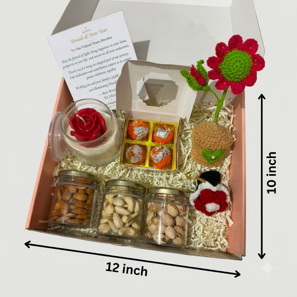 Premium Diwali Gift Hamper with Rose Candle and Keepsake gift box showing approximate 12 inch by 10 inch dimensions