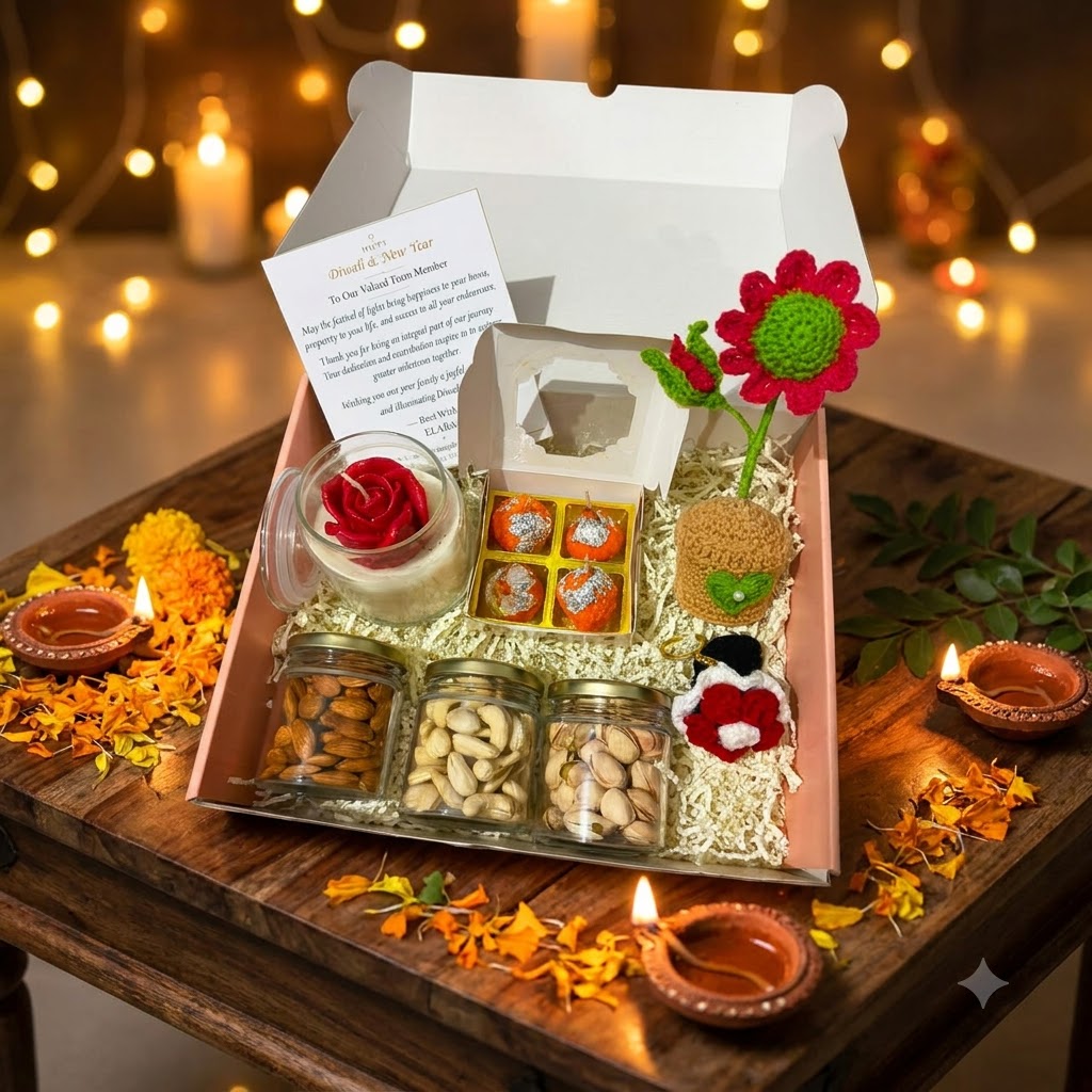 Premium Diwali Gift Hamper with Rose Candle and Keepsake presented with dry-fruit jars, mithai candles, floral bouquet charm, and greeting card