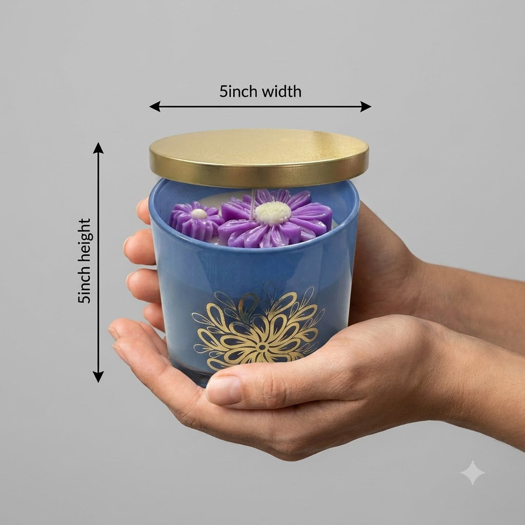Lavender Bloom candle dimensions – 5 inch height and 5 inch width