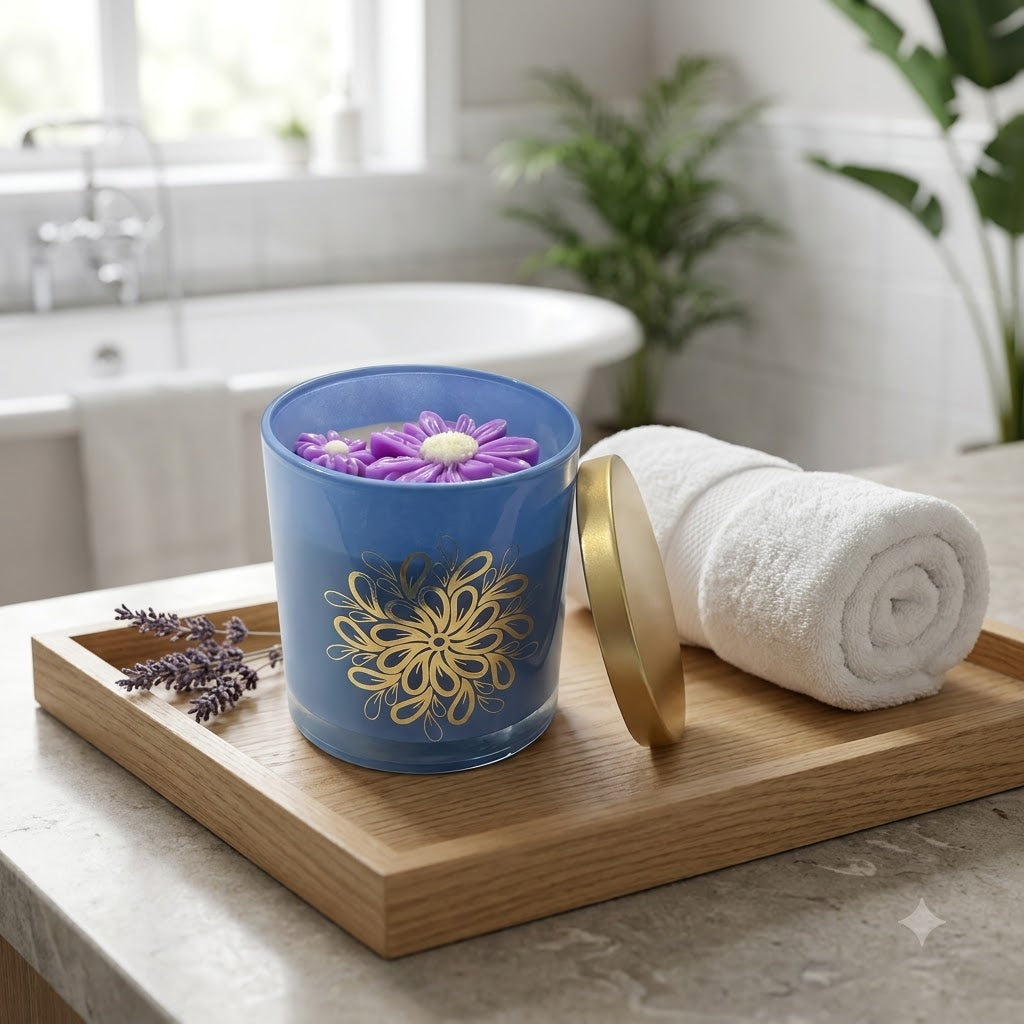 Lavender Bloom soy wax candle lifestyle photo on wooden tray in a bathroom setting