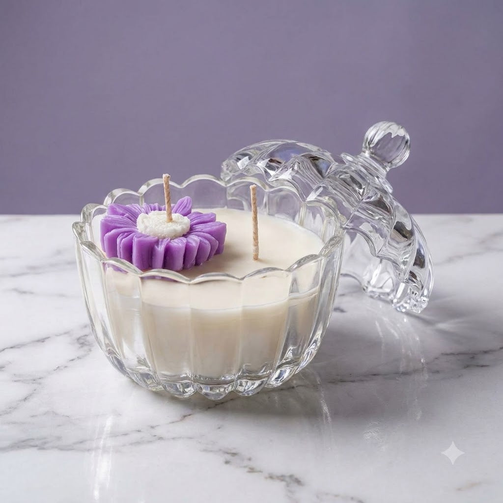Premium scented purple daisy soy candle in a clear glass jar with lid
