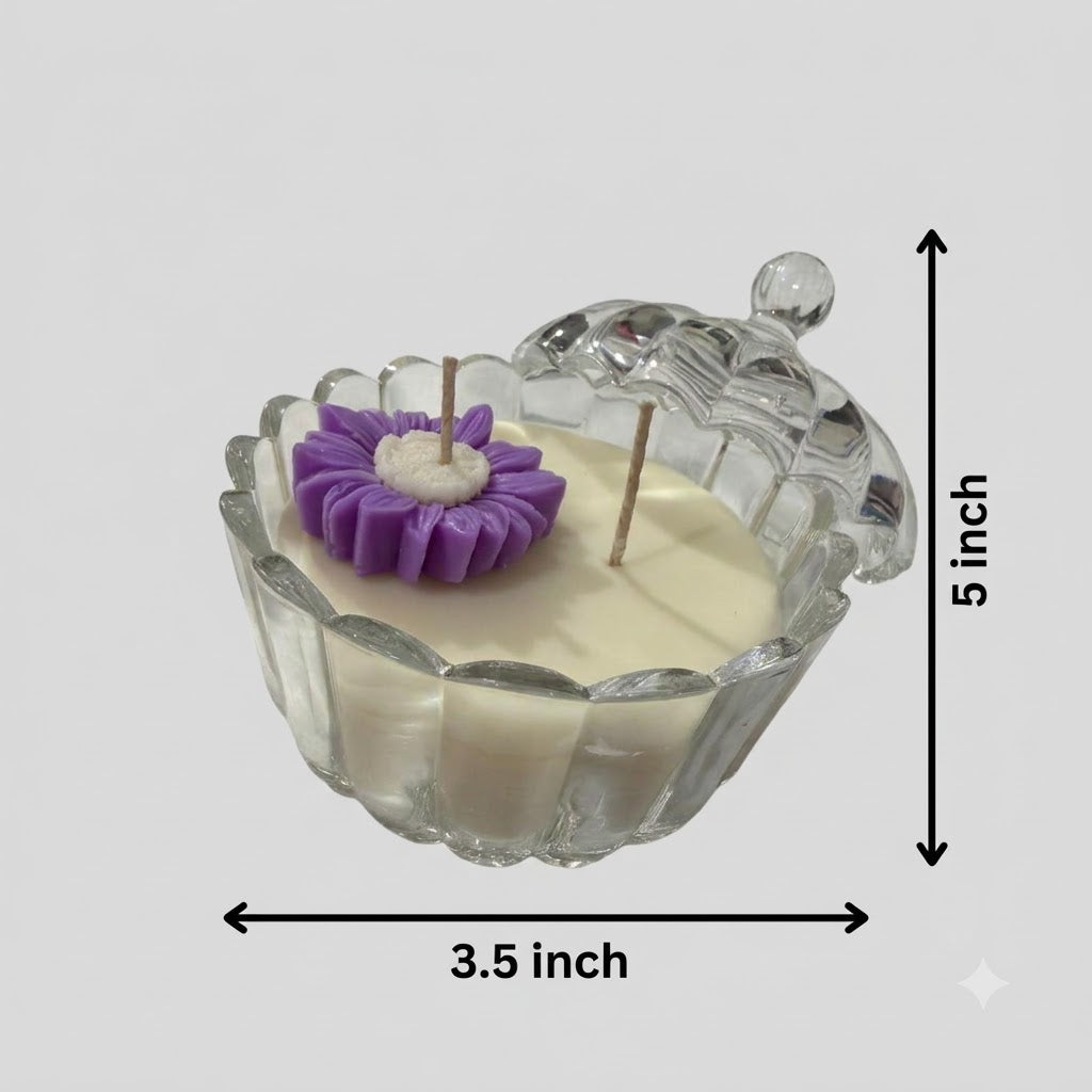Premium scented purple daisy candle measuring approximately 5 inches high and 3.5 inches wide