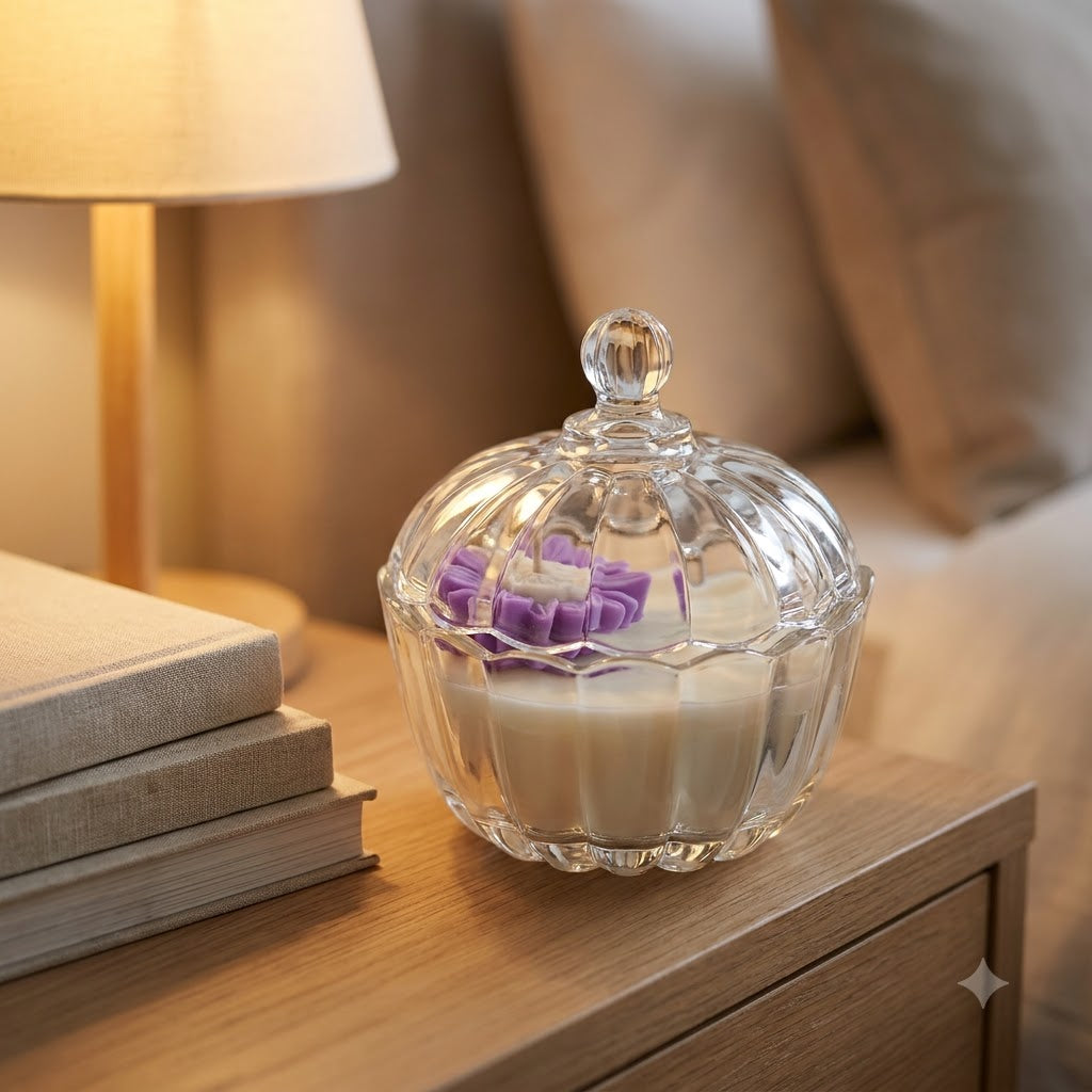 Premium scented purple daisy soy candle in a clear glass jar styled in an elegant home setting