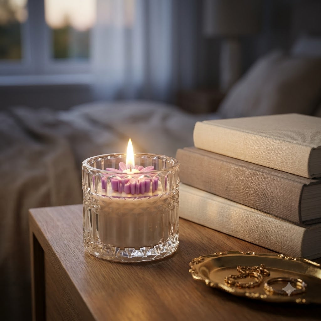Premium scented purple daisy soy candle in a clear glass jar styled in a warm lifestyle setting
