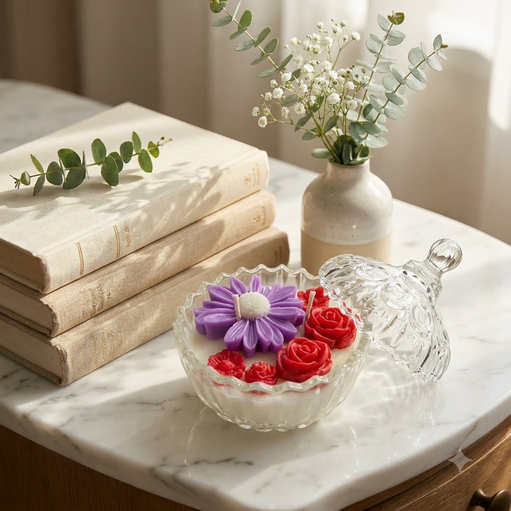 Premium scented purple flower and red rose candle styled in an elegant home setting